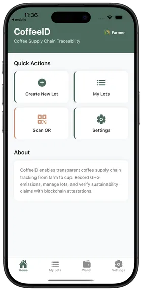 CoffeeID mobile app — home screen