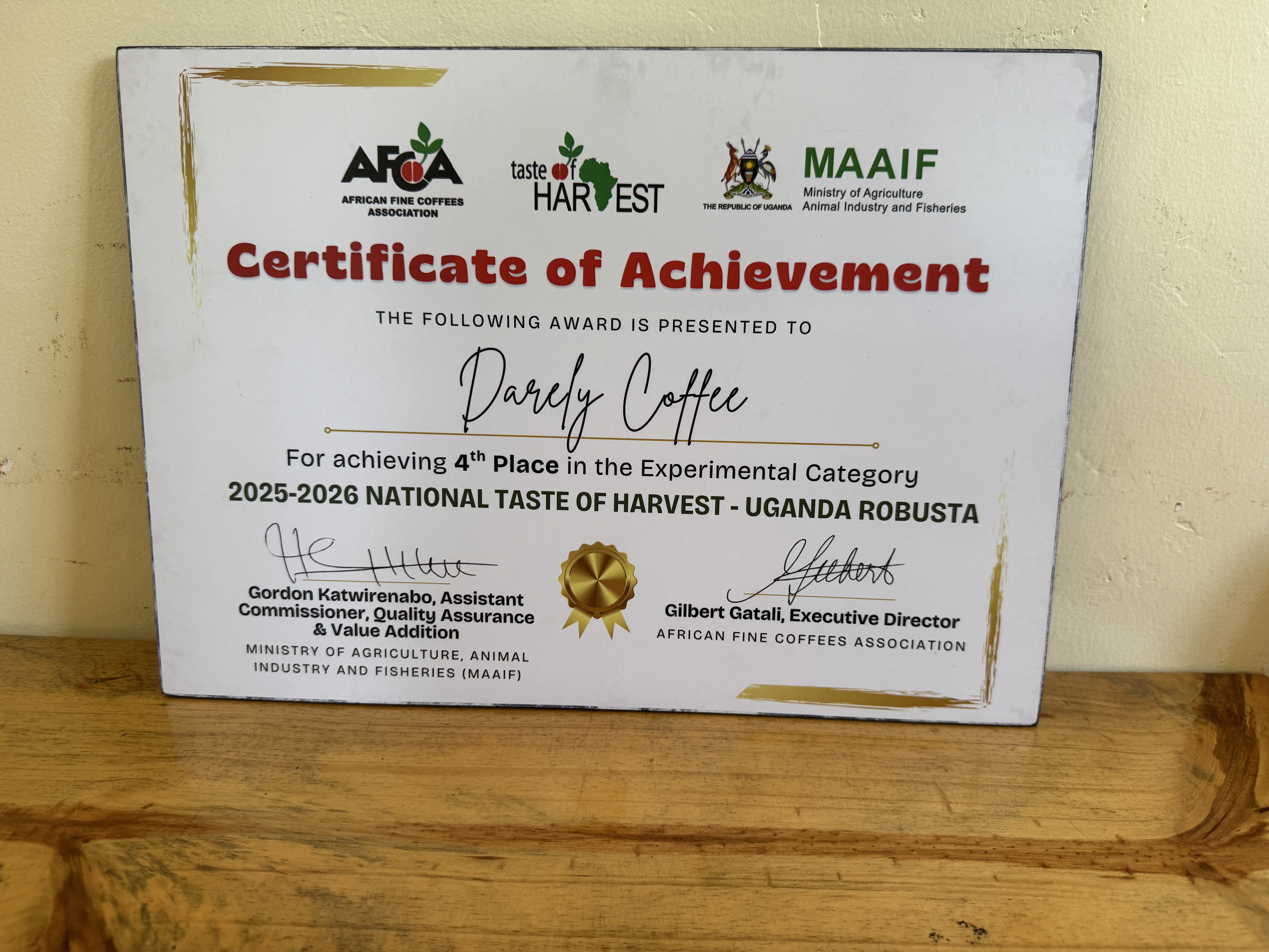Darley Coffee — 4th Place, National Taste of Harvest Uganda Robusta (AFCA/MAAIF)