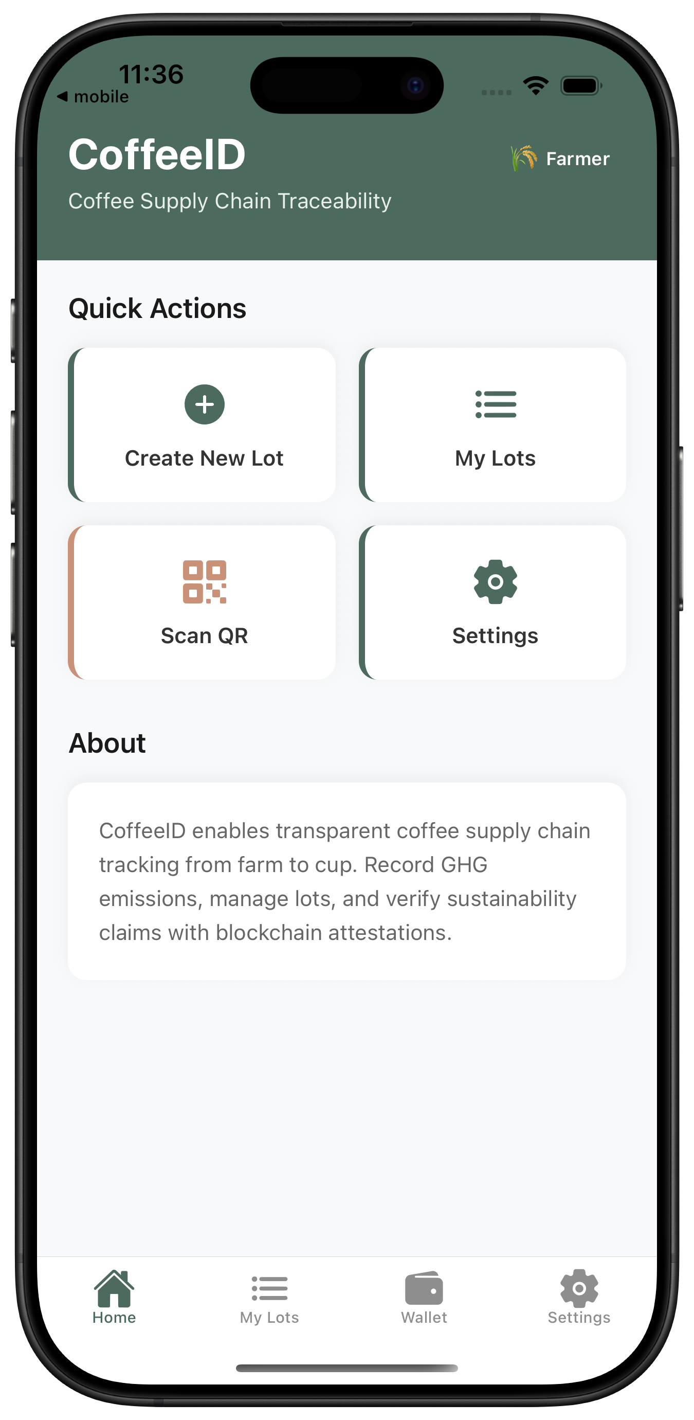 CoffeeID mobile app — Home screen